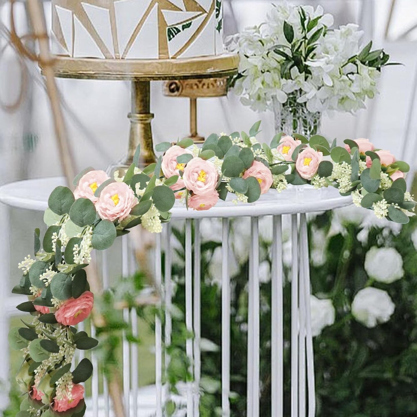 2 Pcs Pink 6.6Ft Artificial Eucalyptus Flower Garland with Fake Rose Flower Vine Seeded Eucalyptus Leaves Greenery Garland for Wedding Table Backdrop Party Centerpiece Room Decor (Pink)