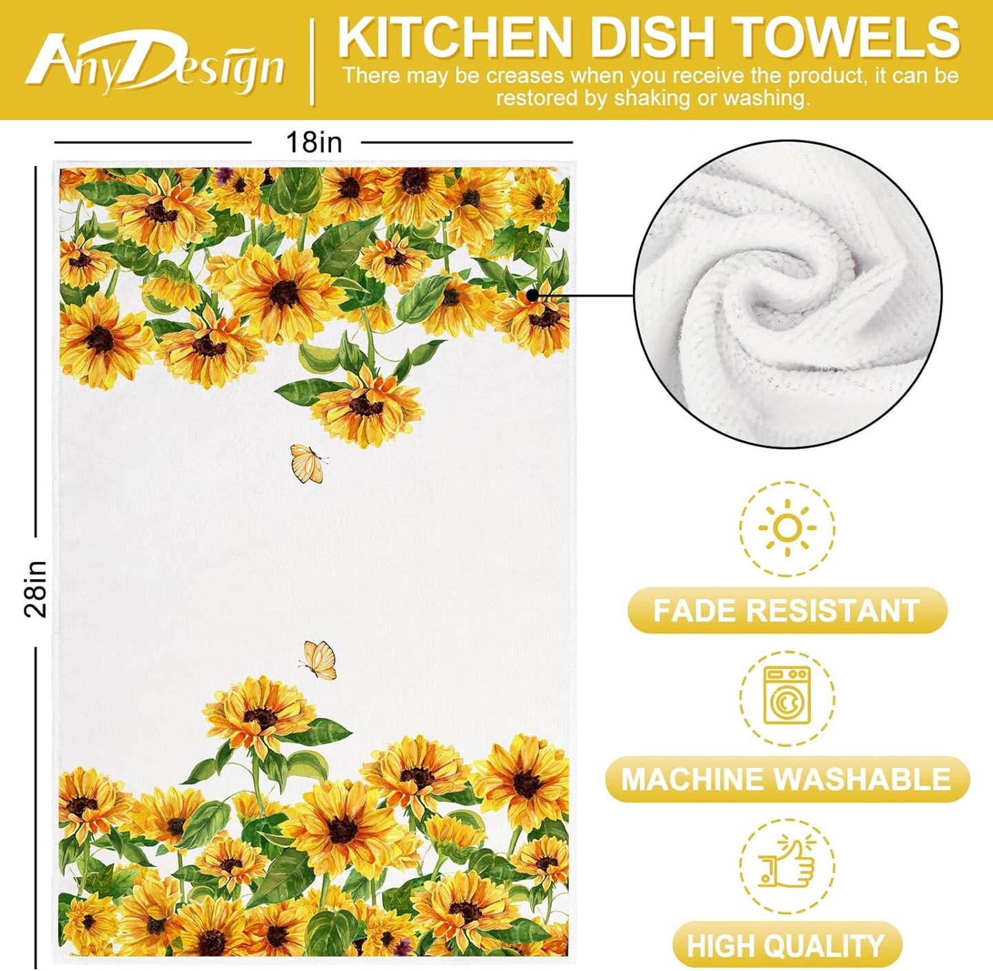 Sunflower Kitchen Towel Home Sweet Home Floral Dish Towel Spring Summer Flower Butterfly Hand Drying Tea Towel for Seasonal Cooking Baking Cleaning, 18 x 28 Inch, 2 Packs
