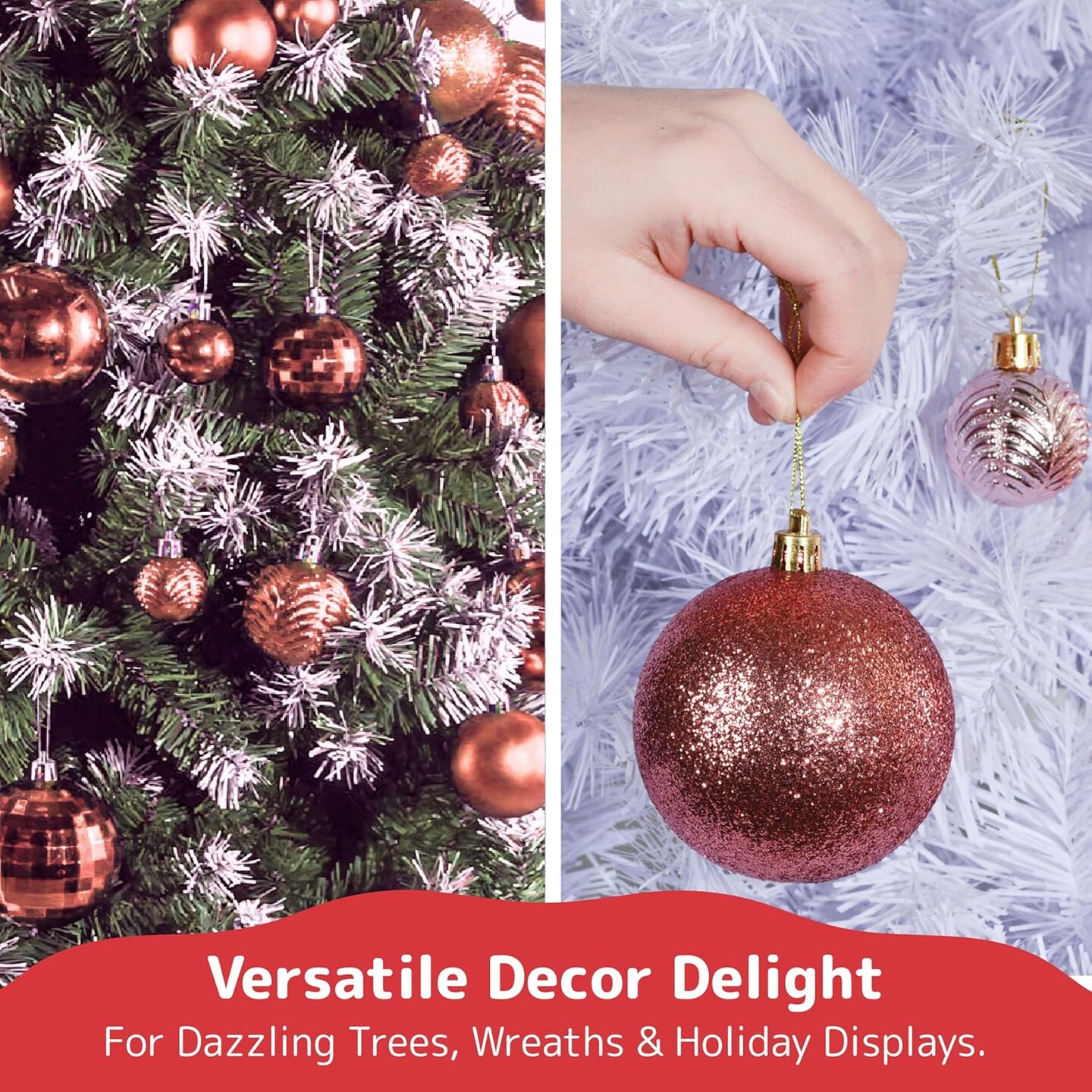 Champagne Christmas Ball Ornaments (36 pcs) - Shatterproof Christmas Tree Decorations with Hanging Loops in 6 Styles and 3 Sizes - Christmas Ornaments Set for Indoor and Outdoor Decor