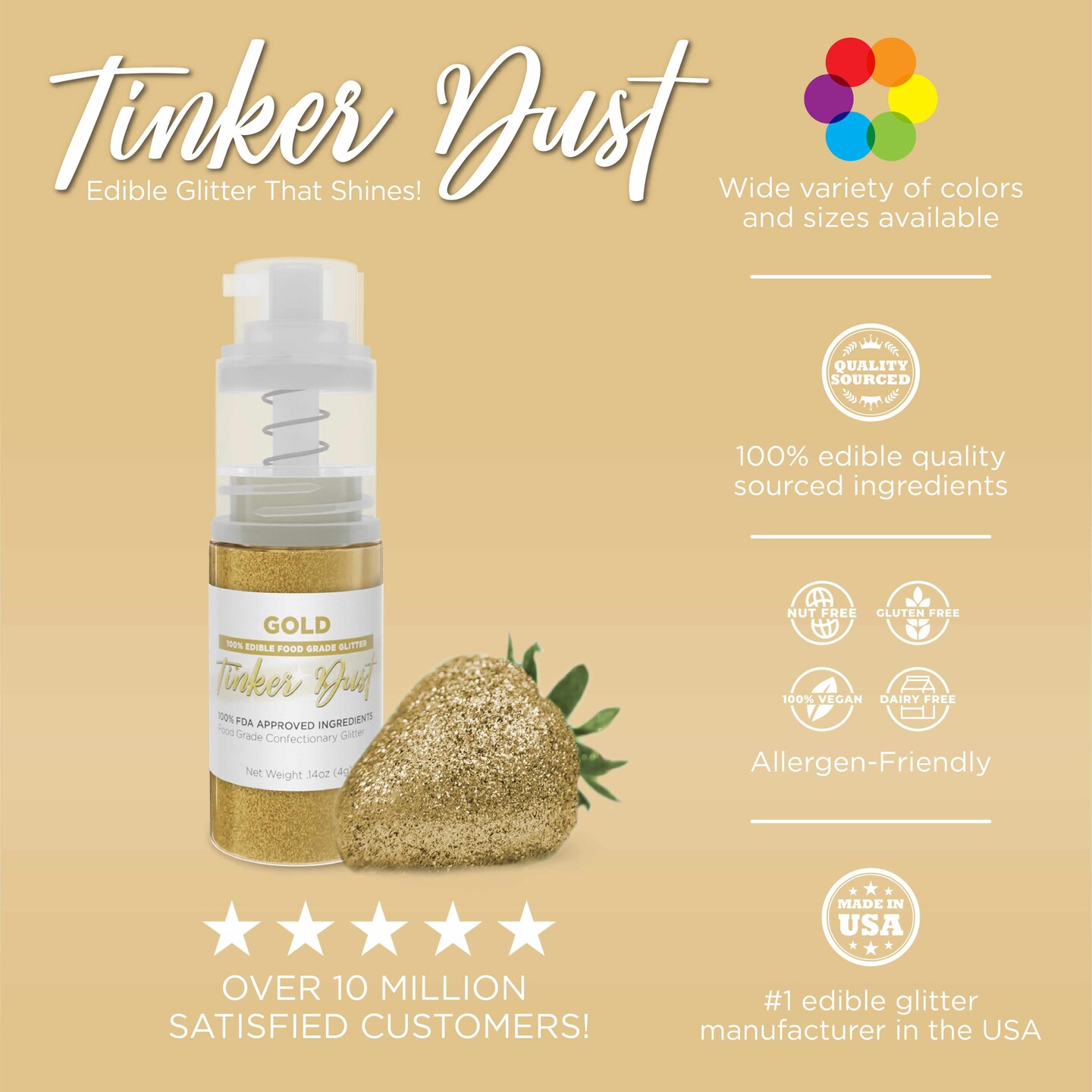 Bakell - Gold Tinker Dust Edible Glitter (25g, 1x Spray Pump) for Food, Desserts, and Beverages!