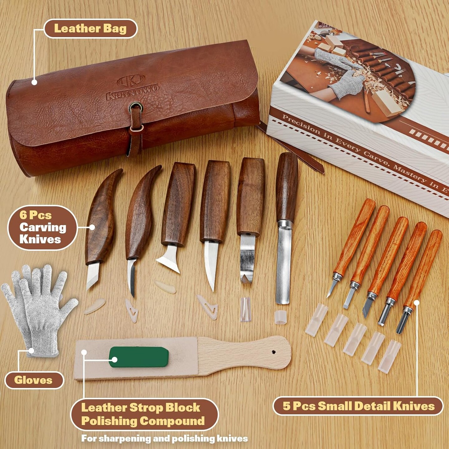 Wood Carving Tools, 15Pcs Wood Carving Kit with PU Storage Bag, Wood Whittling Kit with 6Pcs Whittling Knives &#x26; 5 Detail Carving Knives for Adults Wood Carving DIY