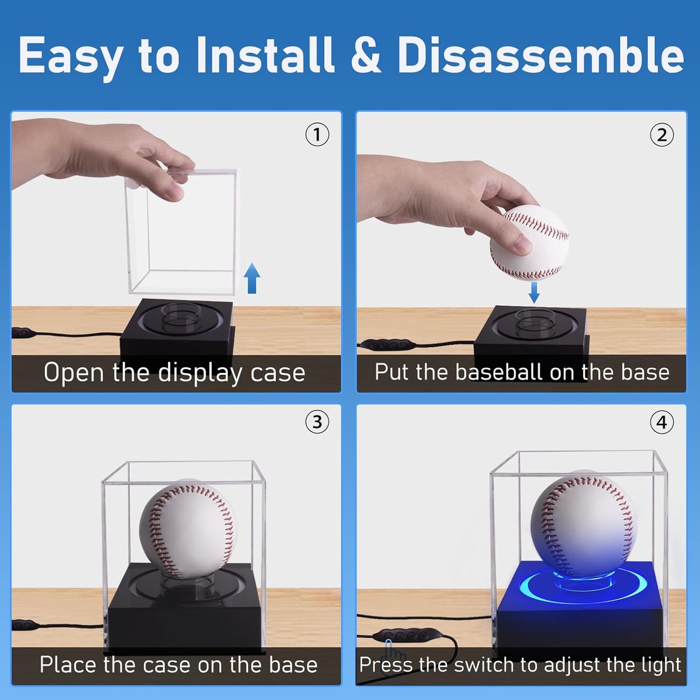 Acrylic Baseball Display Case with RGB Light Base, UV Protected Clear Baseball Cube Stand, Light Up Memorabilia Holder for Balls, Collectibles and Gifts