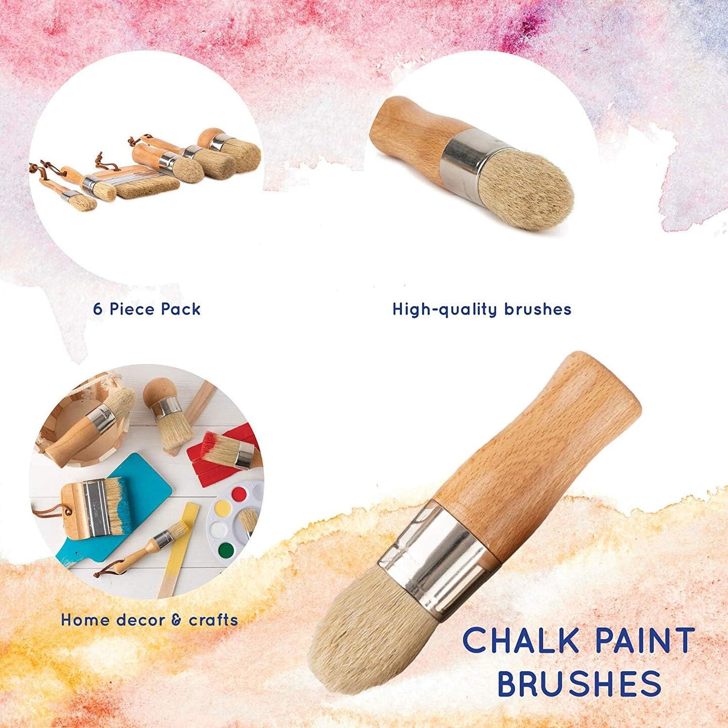 Chalk &#x26; Wax Paint Brush (Set of 6) for Waxing &#x26; Painting Projects &#x2013; 100% Natural Boar Bristles, Ergonomic Handles, Minimum Shedding &#x2013; Smooth Coverage for Furniture, Milk Paint &#x26; Stencil by Diyartz