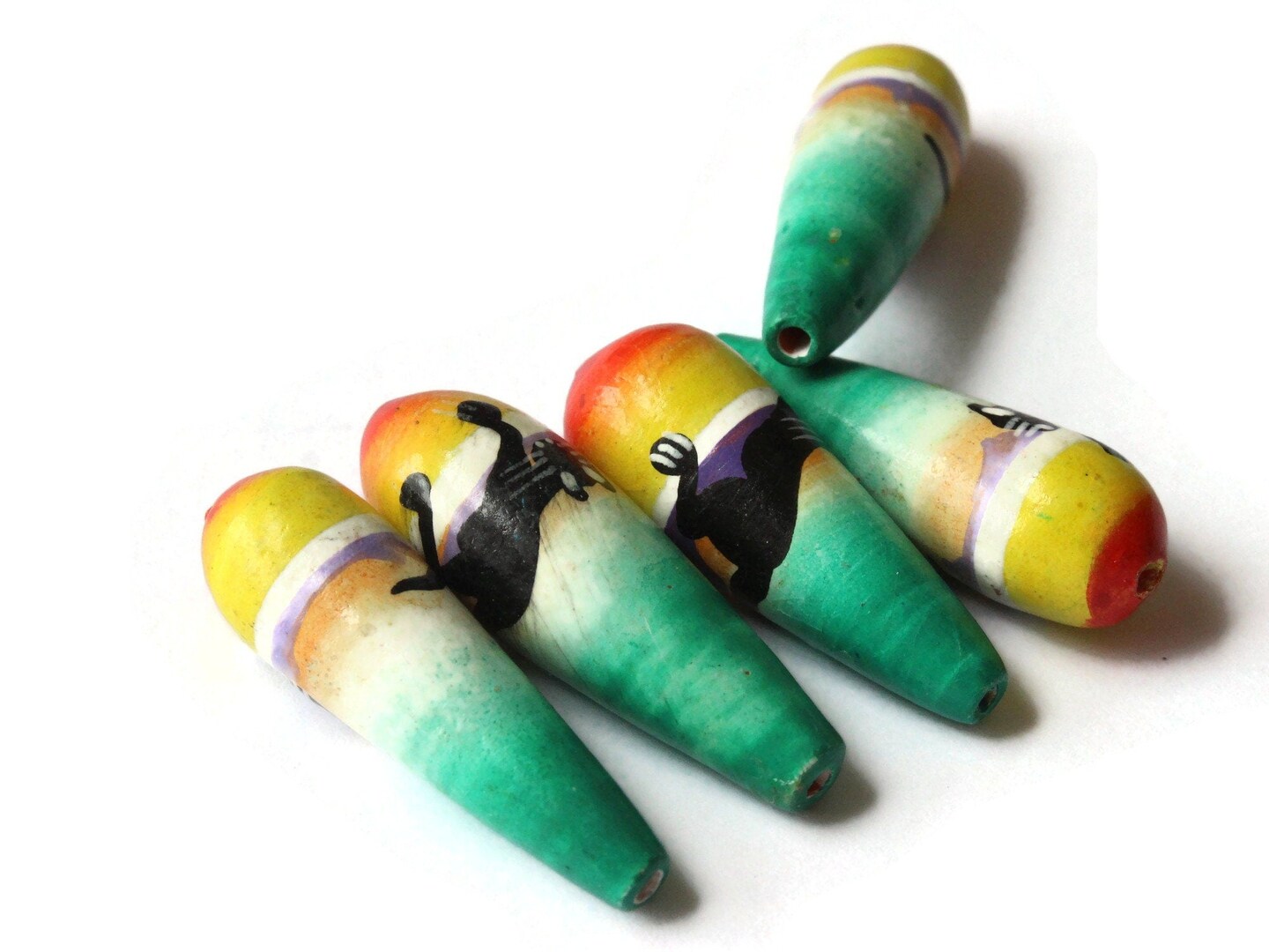 5 32mm Vintage Painted Clay Multicolor Teardrop Cat Peruvian Beads
