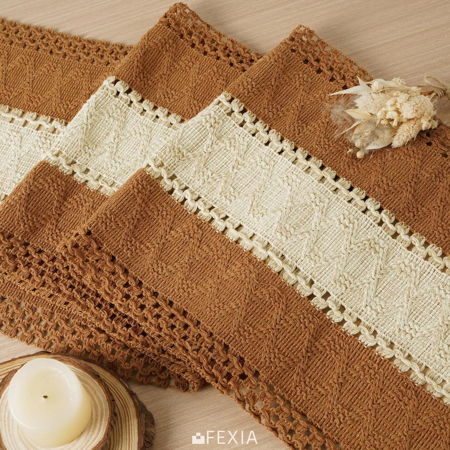 Boho Macrame Table Runner Rustic Caramel & Beige (12x72 Inches)