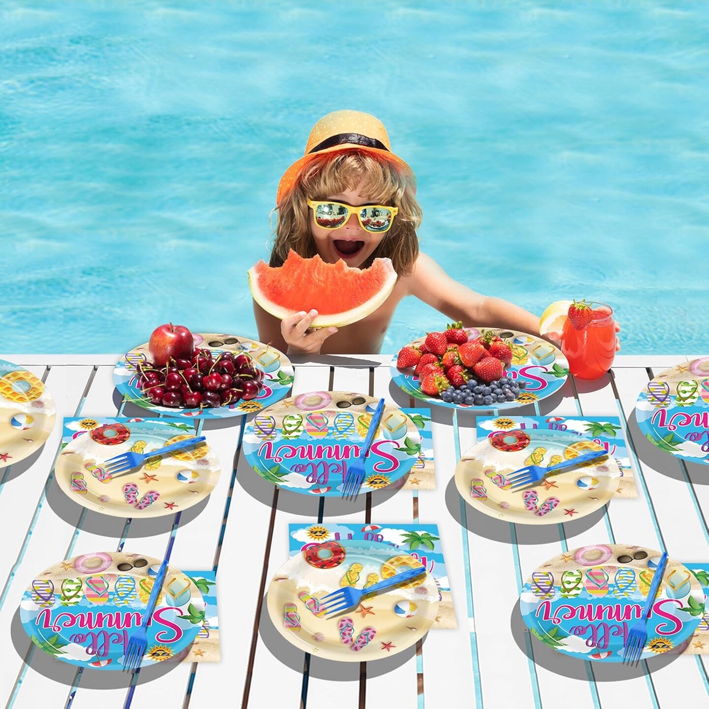 96Pcs Hello Summer Plates and Napkins Beach Party Decorations