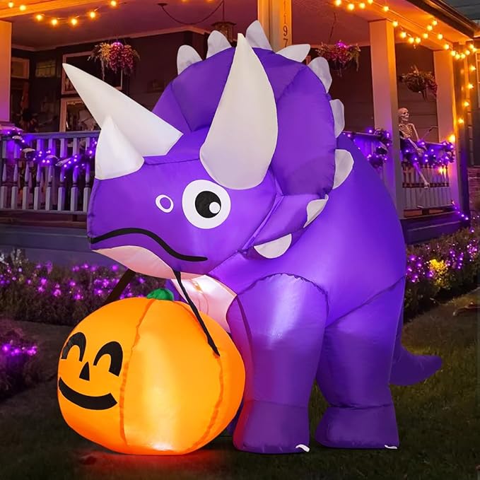 GOOSH 4 FT Width Halloween Inflatables Dinosaur with Pumpkin with Built-in LEDs