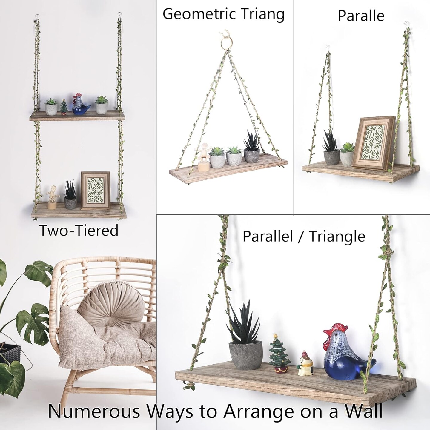 Hanging Shelves for Indoor Wall and Window - Floating Wall Shelves (Leaf Rope, Light Color,Large*2)