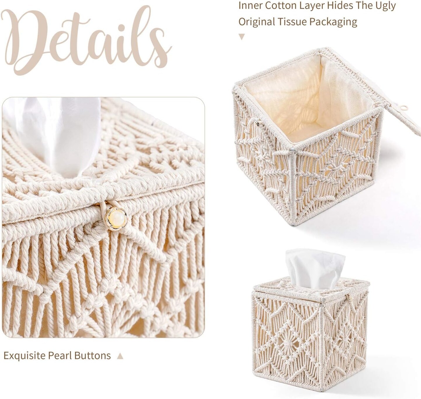 Tissue Box Cover Boho Decor Square Tissues Holder with Bead Buckle (Ivory)