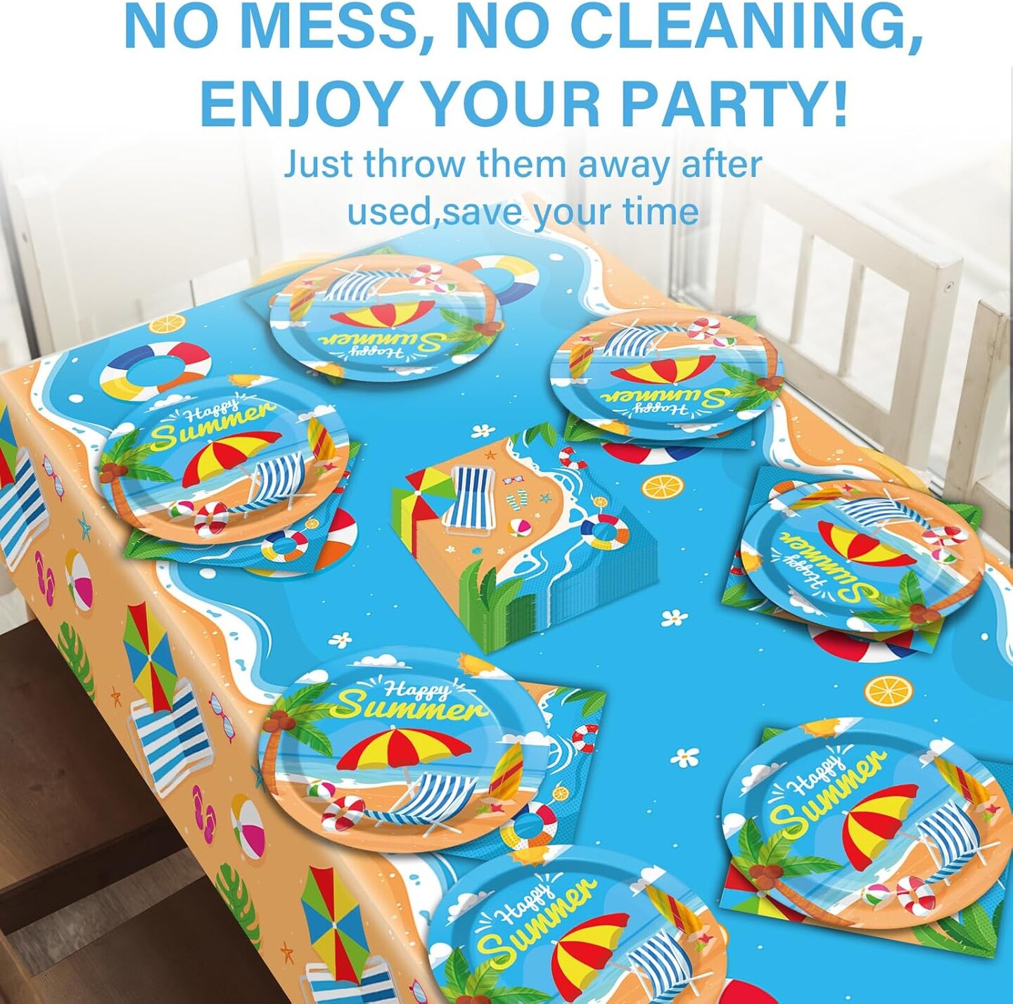 Summer Party Supplies Serves 24 Beach Luau Party Paper Plates Napkins Hawaiian Tablecloth Set Tableware Kit for Pool Party Birthday Tropical Dinner