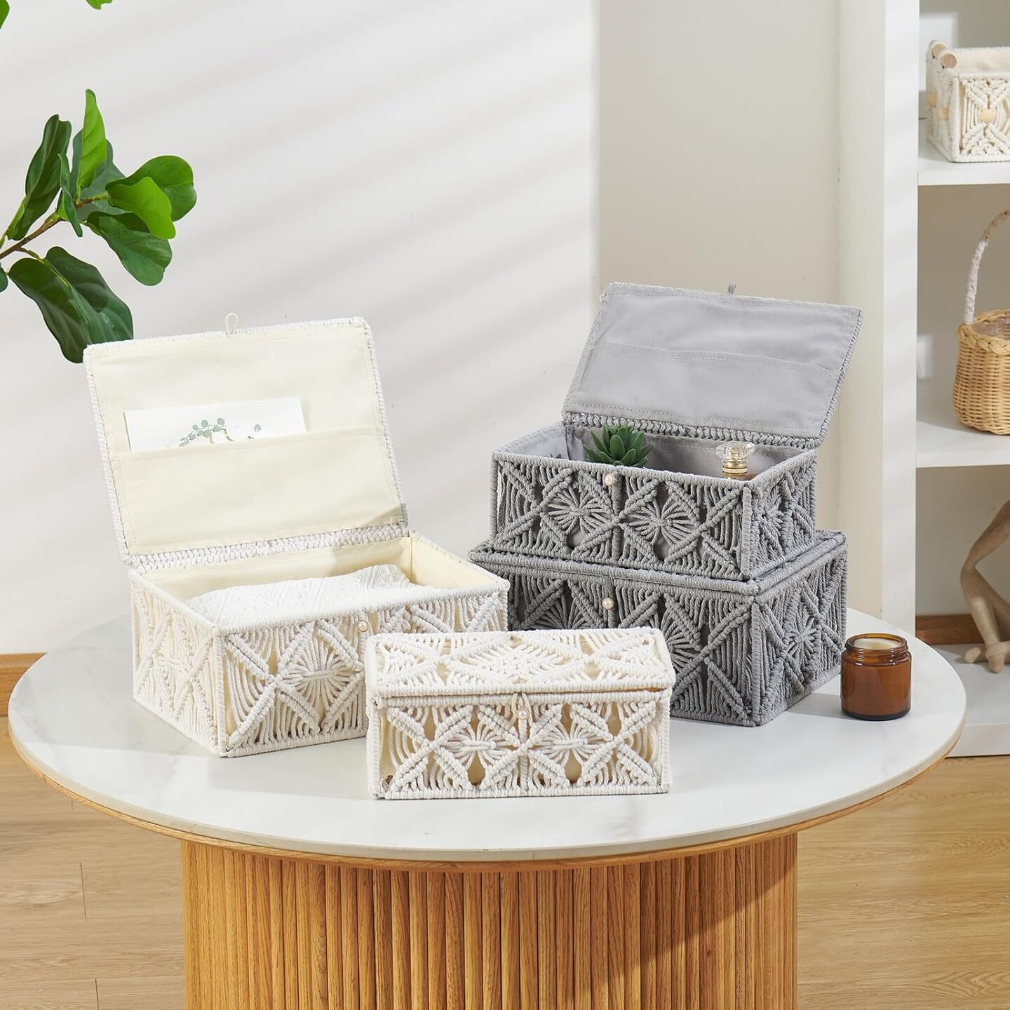 Decorative Boho Storage Baskets with Lid Bohemian Macrame (Off White, Small)