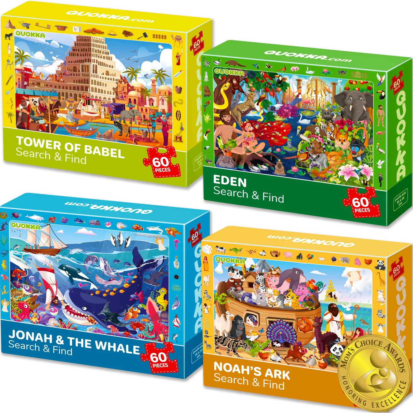 QUOKKA 60 Piece Kids Puzzles Ages 5-8 - Set of 4 Bible Jigsaw Puzzles for Kids 4-6-10 Year Old - Tower of Babel | Noah`s Ark | Eden Toys for Children 5-7 yo - Christian Gifts for Boys & Girls
