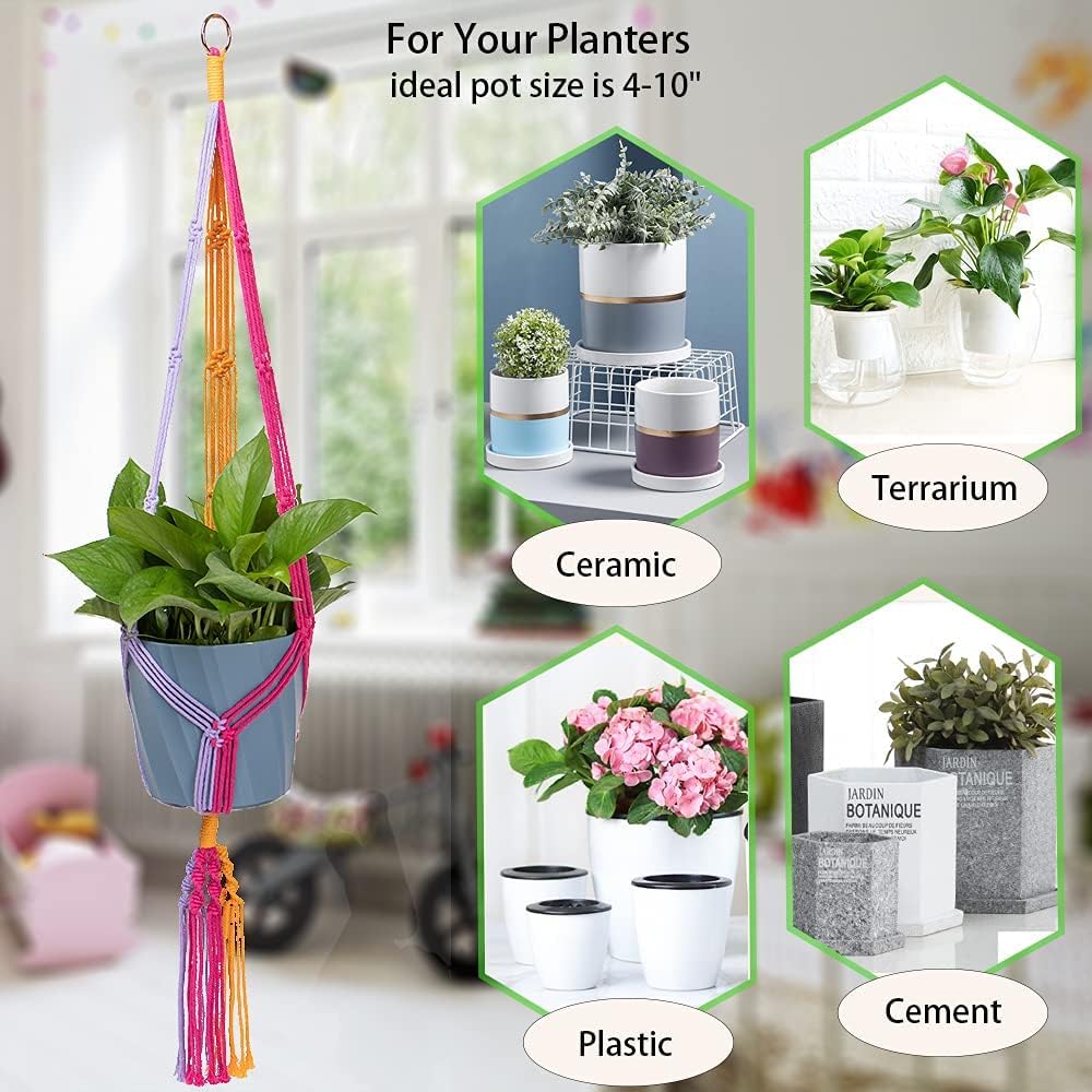 2 Pack Rainbow Colorful Macrame Plant Hanger with 4 Hooks (Colorful)