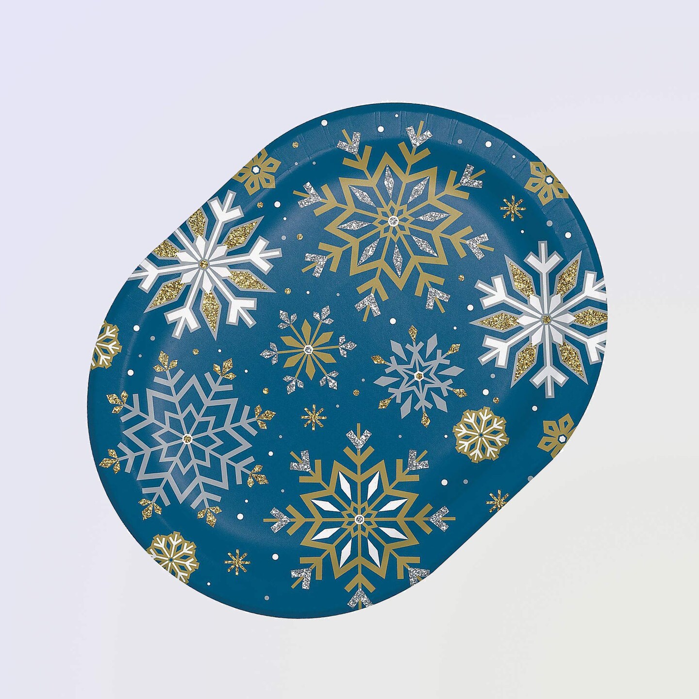 9.25&#x22;x12&#x22; Oval Blue Gold Snowflake Christmas Dinner Plates 24 Count