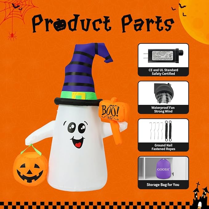 GOOSH 5FT Inflatable Halloween Cute Ghost with The Pumpkin and Built-in LEDs