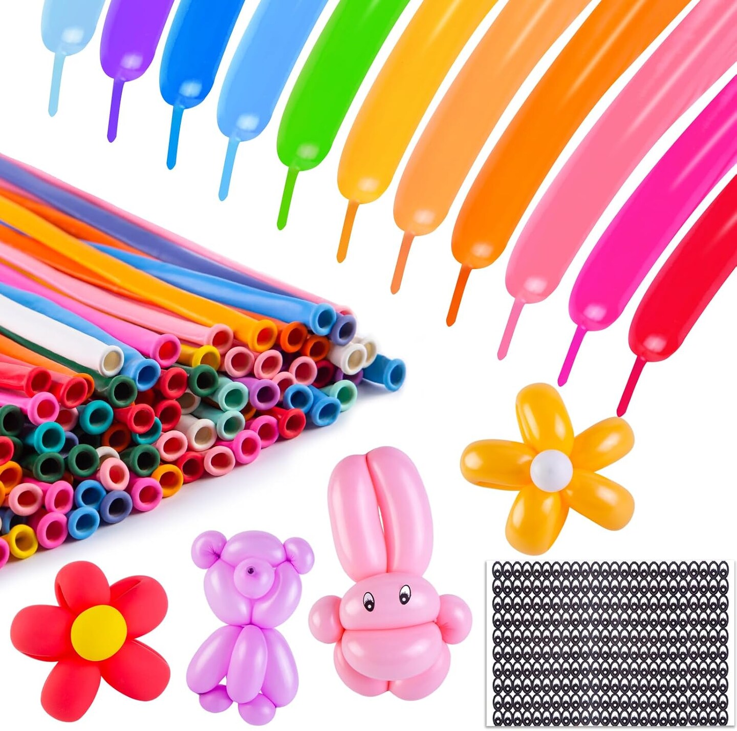 100 PCS 260 Twisting Balloons with Eye Stickers – 17 Assorted Color Long Latex Balloon Animal Kit for Beginners, Kids Parties, Carnival, Birthday, Wedding & Event Decorations