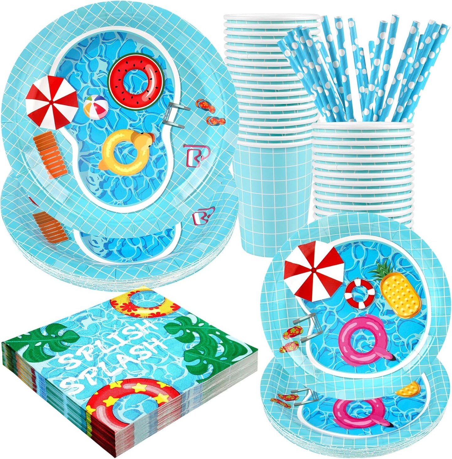 Pool Party Supplies Decorations, Disposable Summer Kids Birthday Paper Plates and Napkins Set