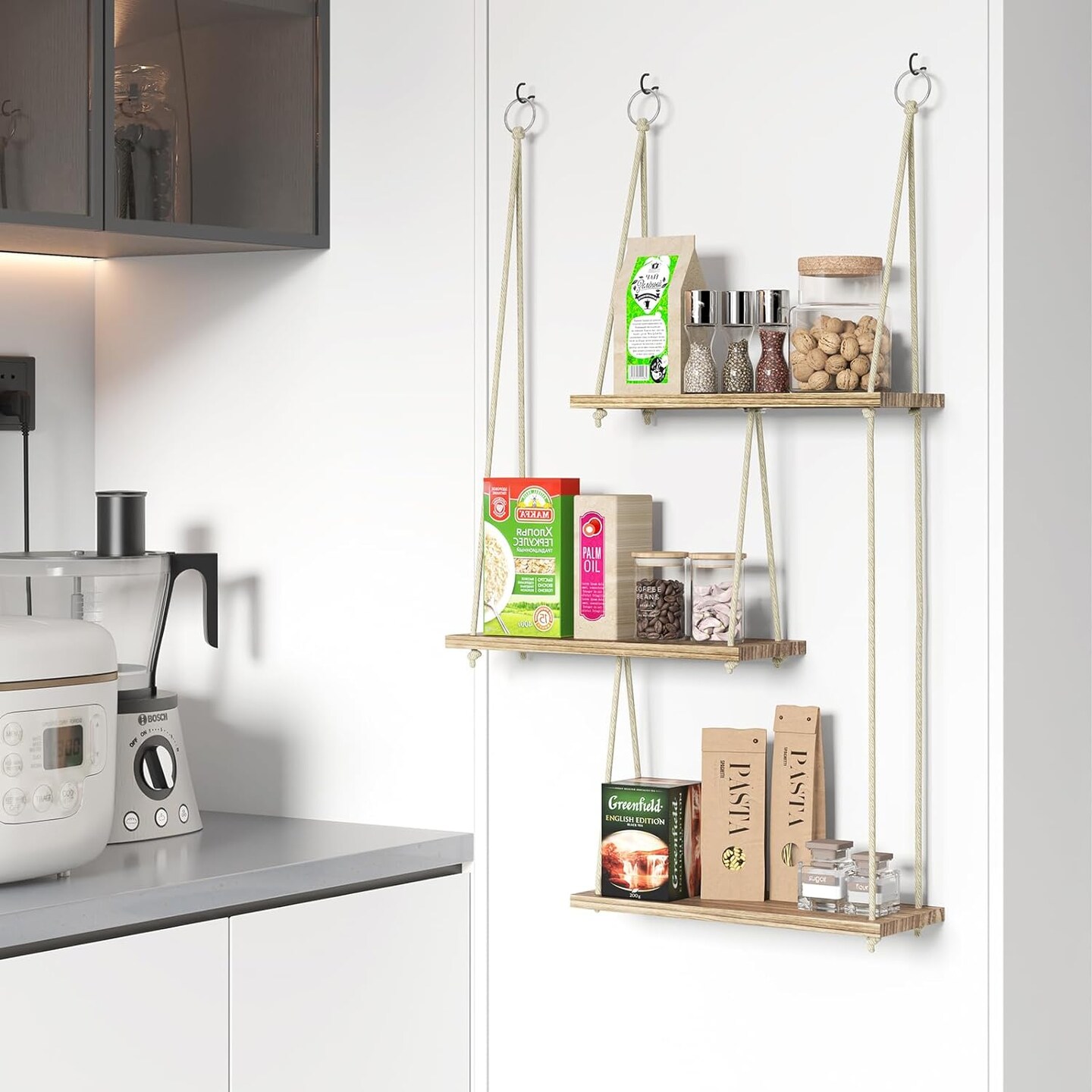 Hanging Shelves for Wall, 3 Tier Boho Wall Decor (Rustic Brown)