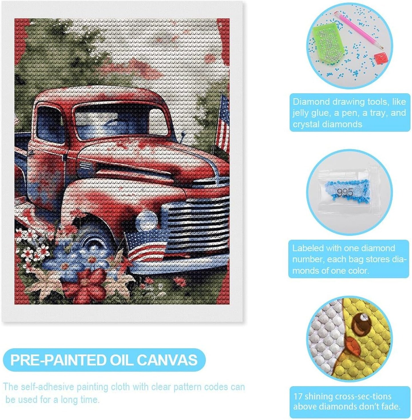 4th Of July Patriotic Old Red Truck 5D Diamond Art Kits for Adults