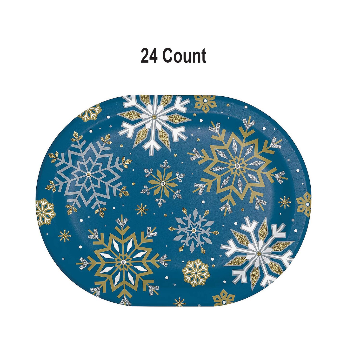 9.25&#x22;x12&#x22; Oval Blue Gold Snowflake Christmas Dinner Plates 24 Count