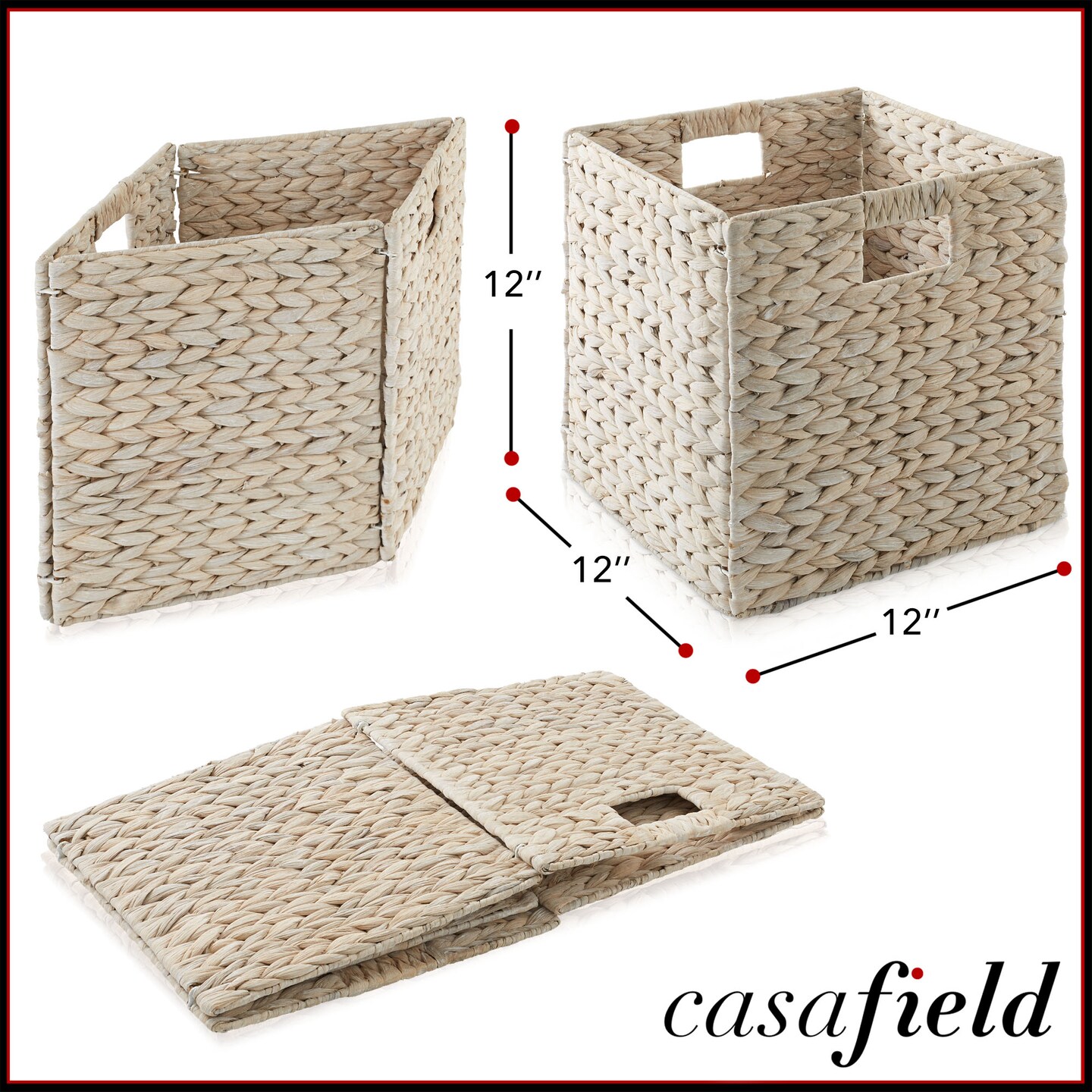 Casafield 12" x 12" Water Hyacinth Storage Baskets, Collapsible Cube Organizers, Woven Bins for Bathroom, Bedroom, Laundry, Pantry, Shelves