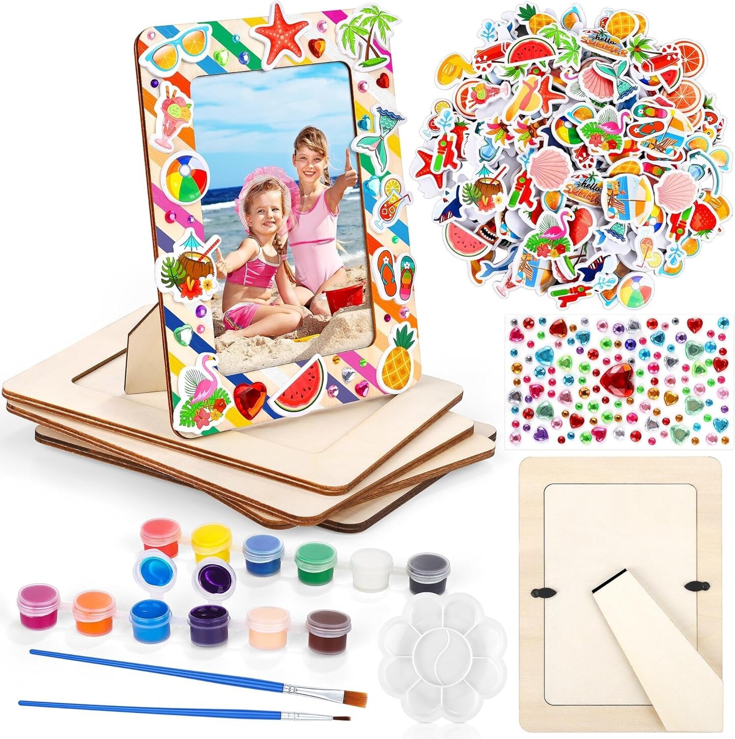24-Pack Summer Picture Frame Craft Kit – Includes 150 Stickers, 2 Rhinestone Sticker Sheets, 4 Brushes & Painting Tools for DIY Kids Crafts and Room Decor