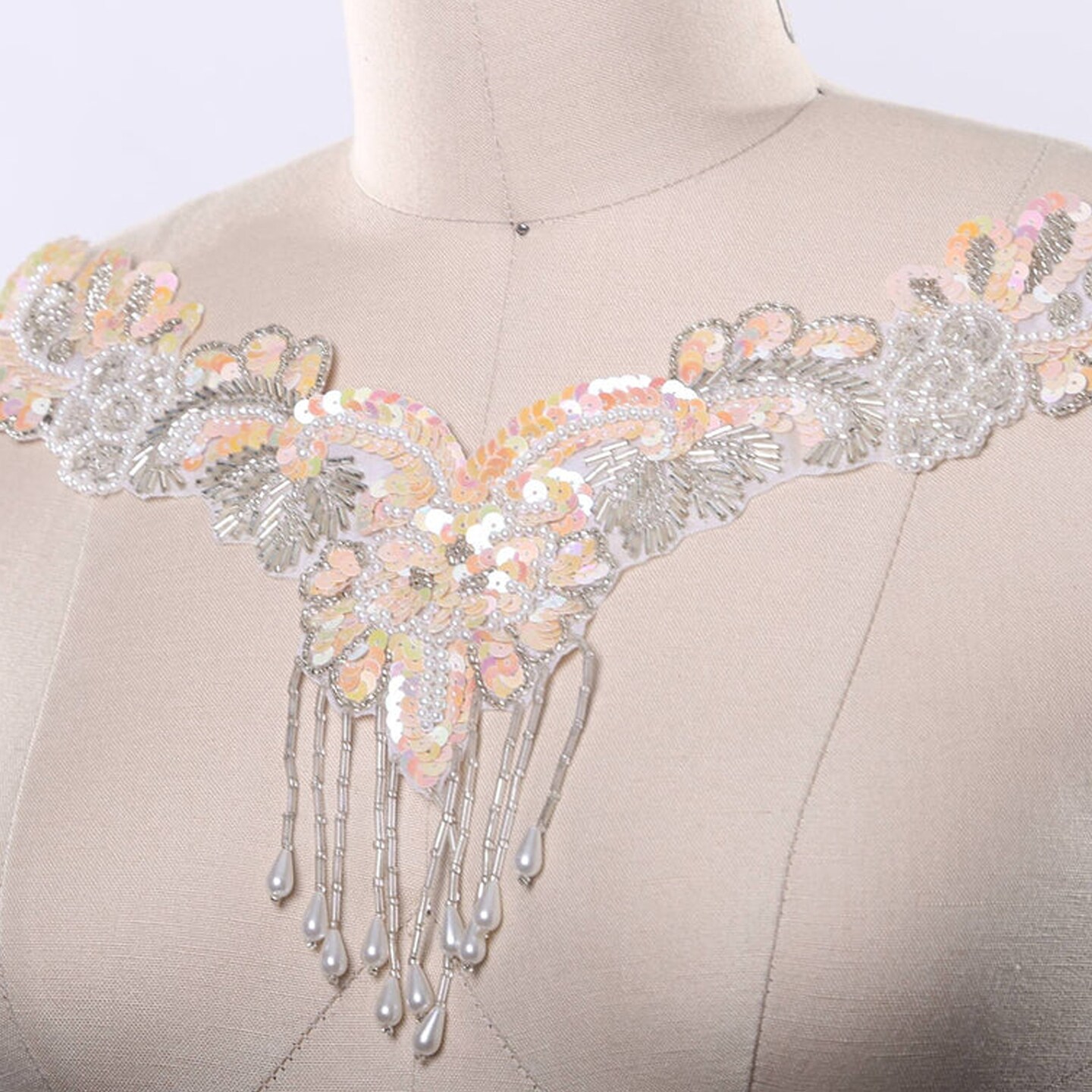! Piece Peach V Neck Applique with Sequin Beaded Fringe and Rhinestone Detailing
