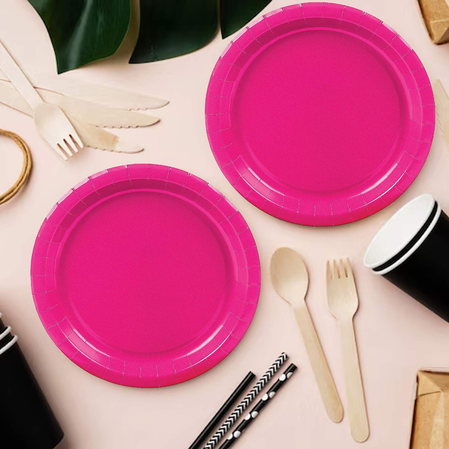 24 Count Hot Pink Paper Dessert Plates Round 7 Inch Disposable Plates for Events