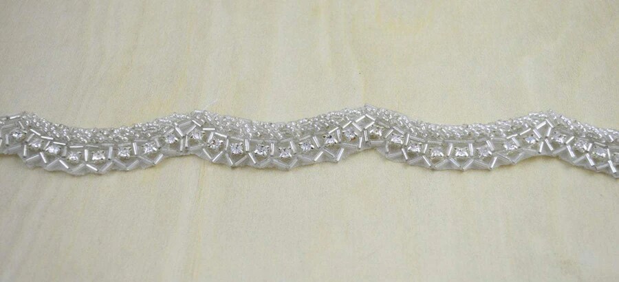 1 Yard 3/4 inch Silver Scalloped Beaded and Rhinestone Iron On Trim