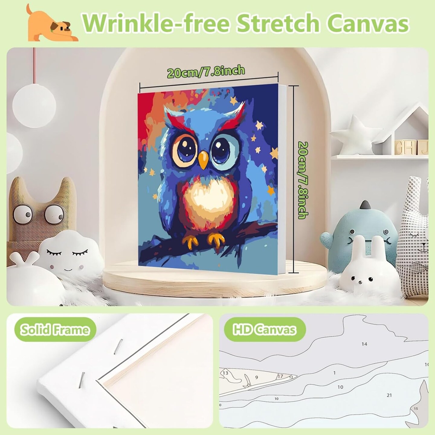 8X8Inch - Owl Paint by Numbers Kit for Kids with Frame