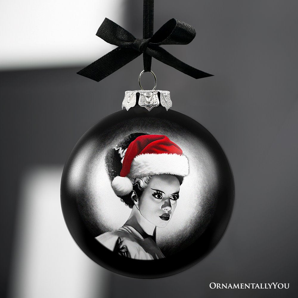 Frankenstein&#x27;s Bride Christmas Spooky Portrait Glass Ornament, Black Horror Halloween Tree Decoration