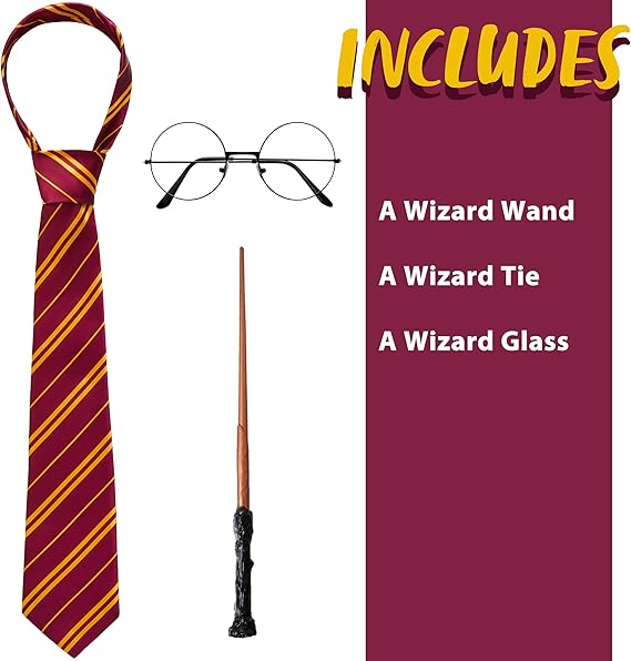 Creations Halloween Witch Costume Accessories Set Included Red and Gold Tie, Nerd Circle Glasses and Wand for Kids and Adults, Halloween Witch Cosplay Dress Up, Halloween Costume Props