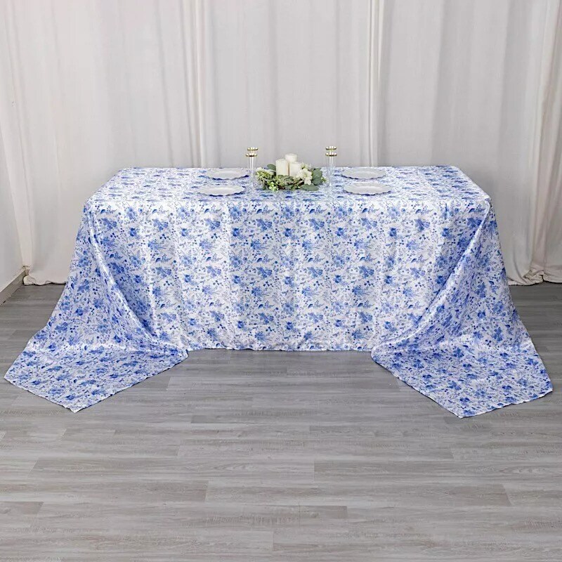 90&#x22; x 156&#x22; White Blue Floral Satin Rectangular Tablecloth Party Home Decorations