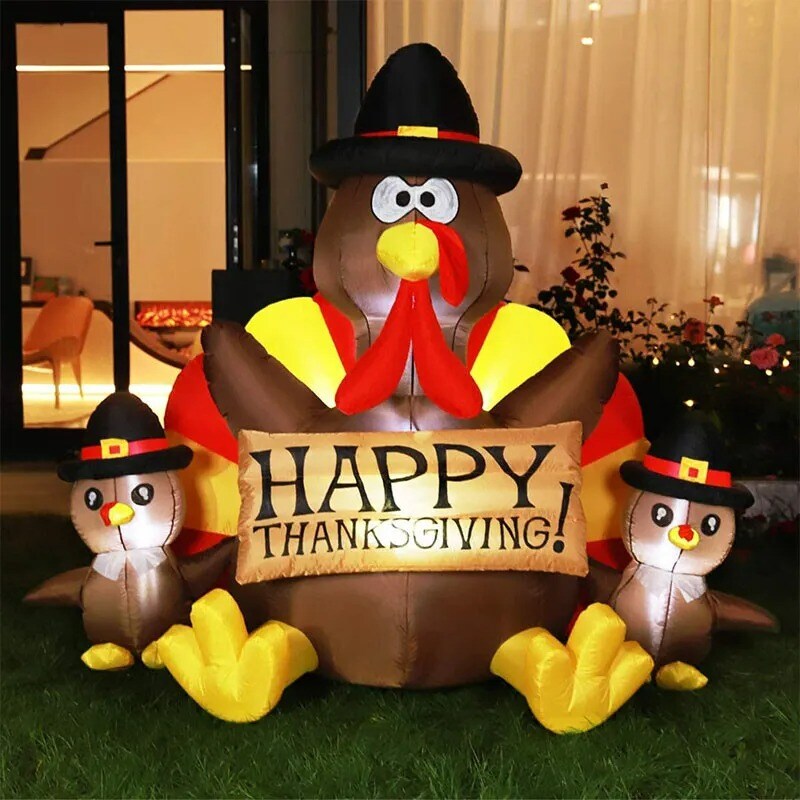 2pcs 6ft Thanksgiving Inflatable LED Lighted Turkey Family Blow up Lawn Yard Dec