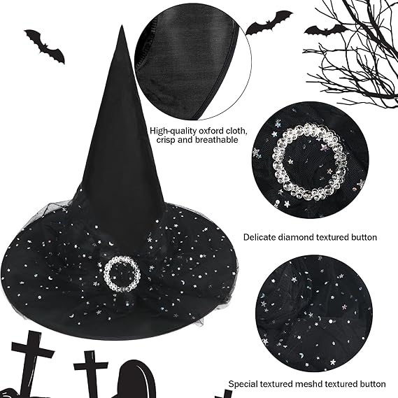 Witch Hats for Women, Adult Witch Vampire Halloween Costumes Accessories Black/Purple/Orange Foldable Lace Veils Hats for Cosplay Party