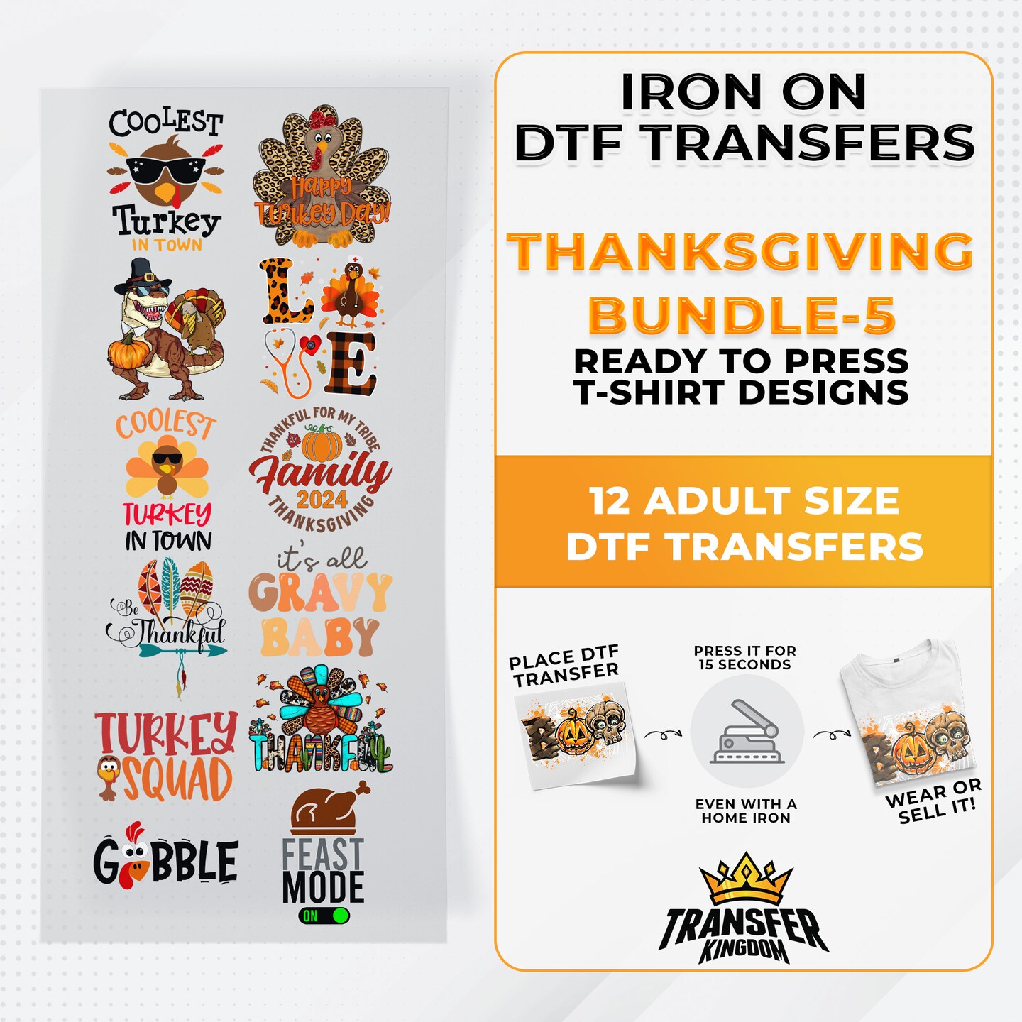 Iron on DTF Transfer Thanksgiving Bundle 5 - 12 Best Seller T-shirt Designs Ready To Press