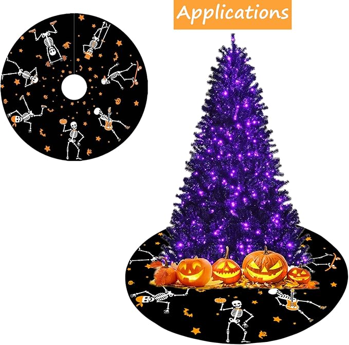 36&#x22; Halloween Tree Skeleton Skirt, Halloween Funny Skulls Pumpkin Black Orange Tree Skirts Mat Decorations, Festival Home Decor Indoor for Fall Farmhouse Party Supplies