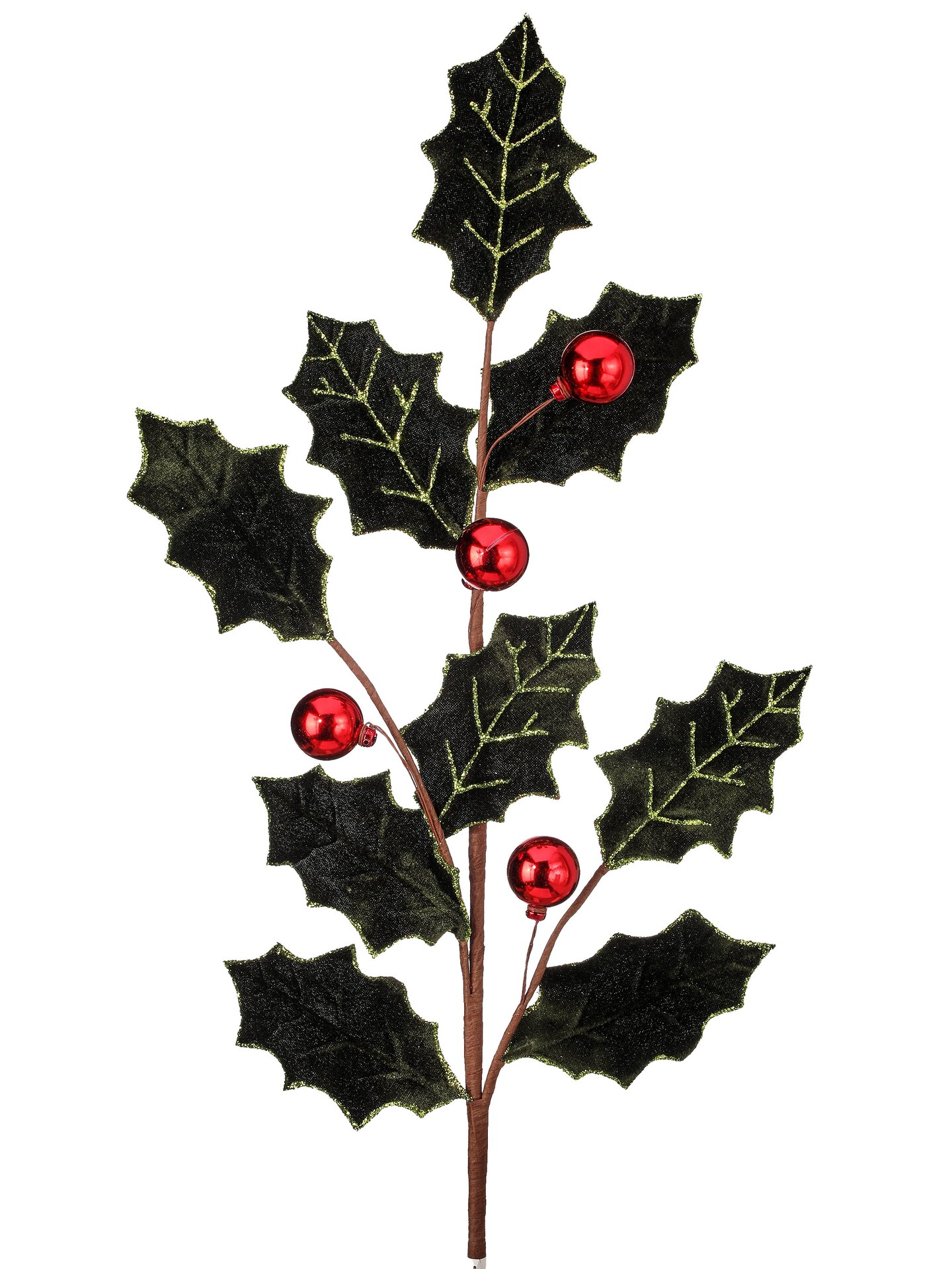 27&#x22; Dark Green Velvet Holly Leaf Spray with Red Berry Ball - Elegant Christmas Floral Decoration