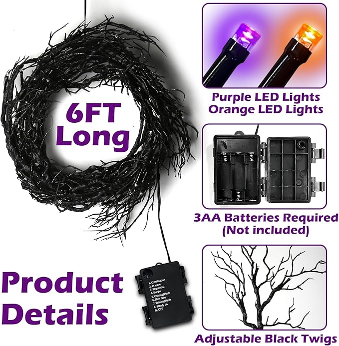 Willow Vine Twig Halloween Garland Decorations Orange &#x26; Purple Lights, Battery Operated Waterproof Halloween Decorations for Home Wall Fireplace Mantle Decor