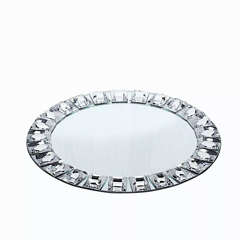 2 Silver 13&#x22; Round Mirror Glass Charger Plates with Crystal Rim Wedding Supplies