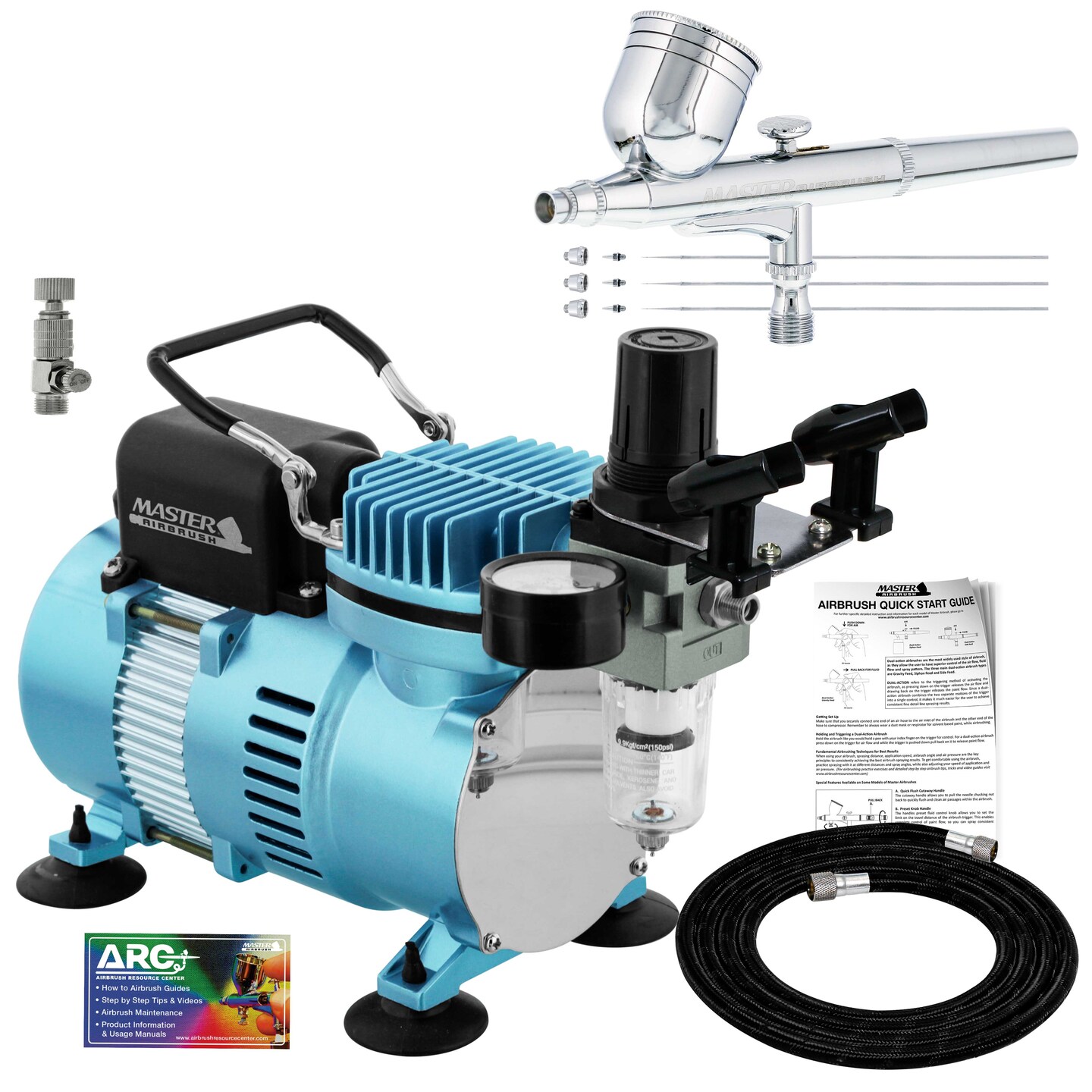 Cool Runner II Dual Fan Air Tank Compressor System Kit with a Pro Set G222 Gravity Airbrush Kit with 3 Tips 0.2, 0.3 &#x26; 0.5mm - Holder, How-To Guide