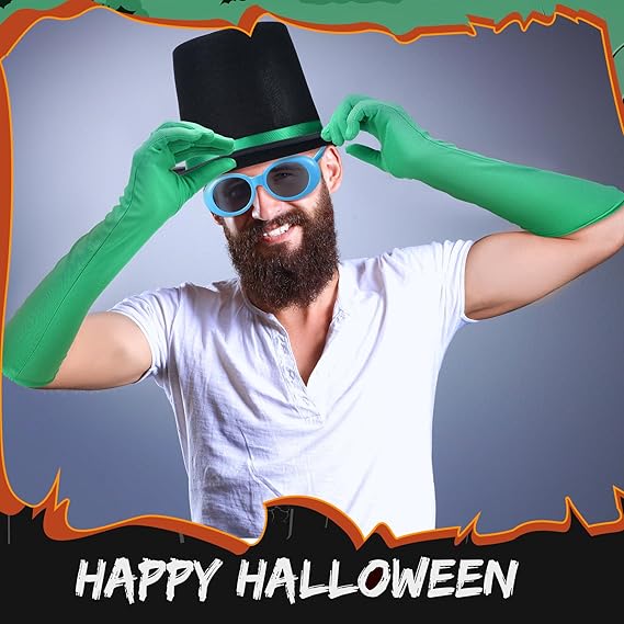 3 Pcs Halloween Costume Accessories Black Felt Costume Hat with Green Band Green Satin Long Gloves Blue Vintage Oval Goggles for Men Women Cosplay Party Dress Up