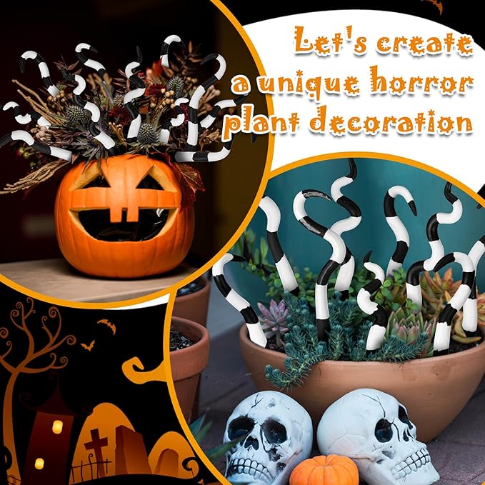12 Pcs Halloween Sandworm Decoration Black and White Striped Plant Stakes Spooky Plant Decoration for Front Porch Plant Ornaments Decoration