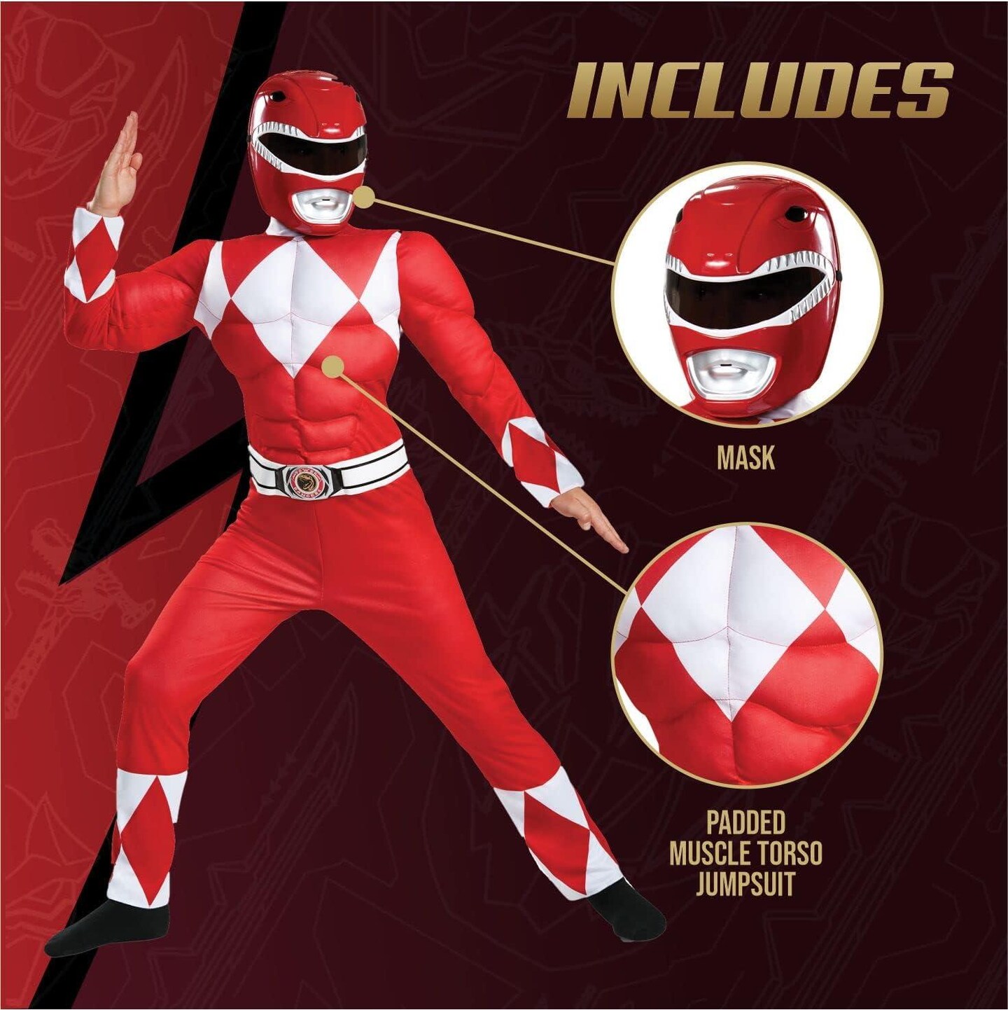 Power Rangers Classic Red Ranger Mighty Morphin Muscle Costume For Kids Small 4-6