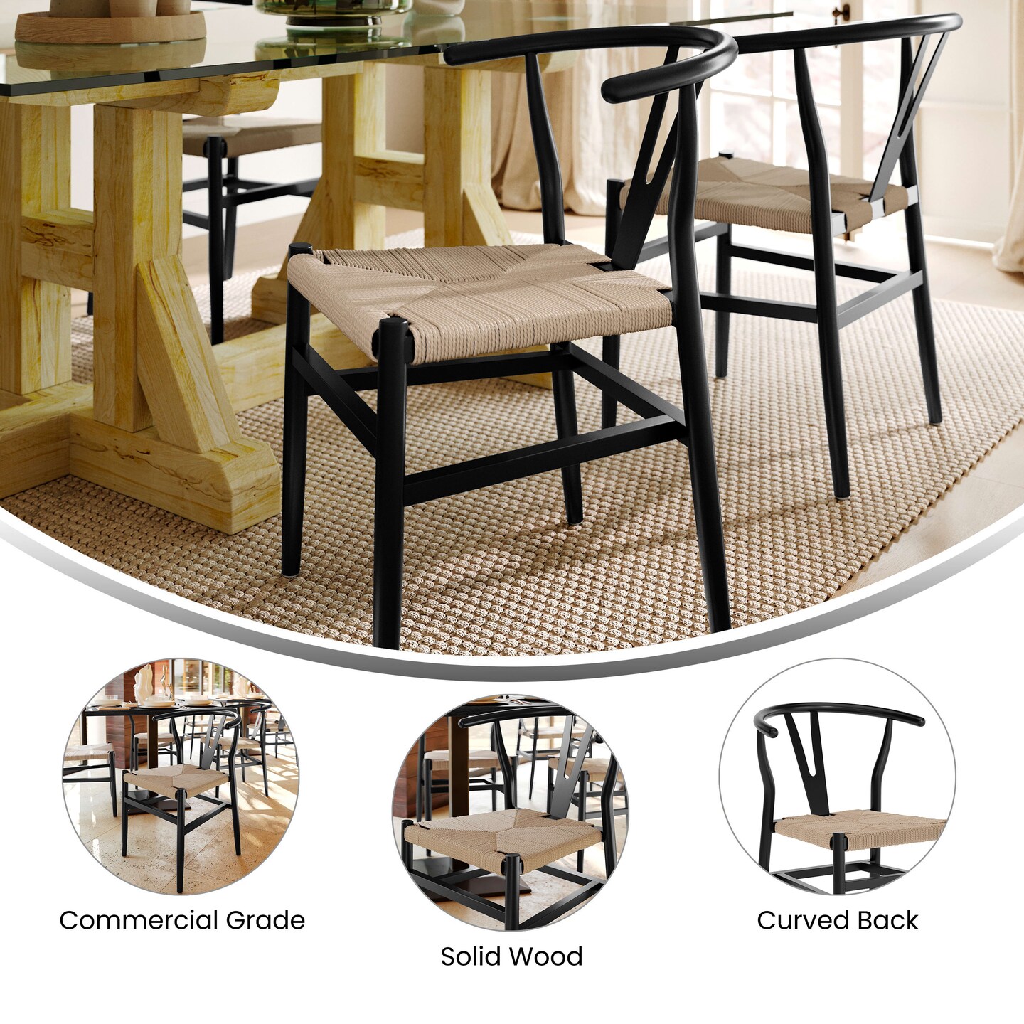 Emma and Oliver Devine Y-Back Style Wooden Dining Chair with Kraft Paper Rope Seat, Stackable Design