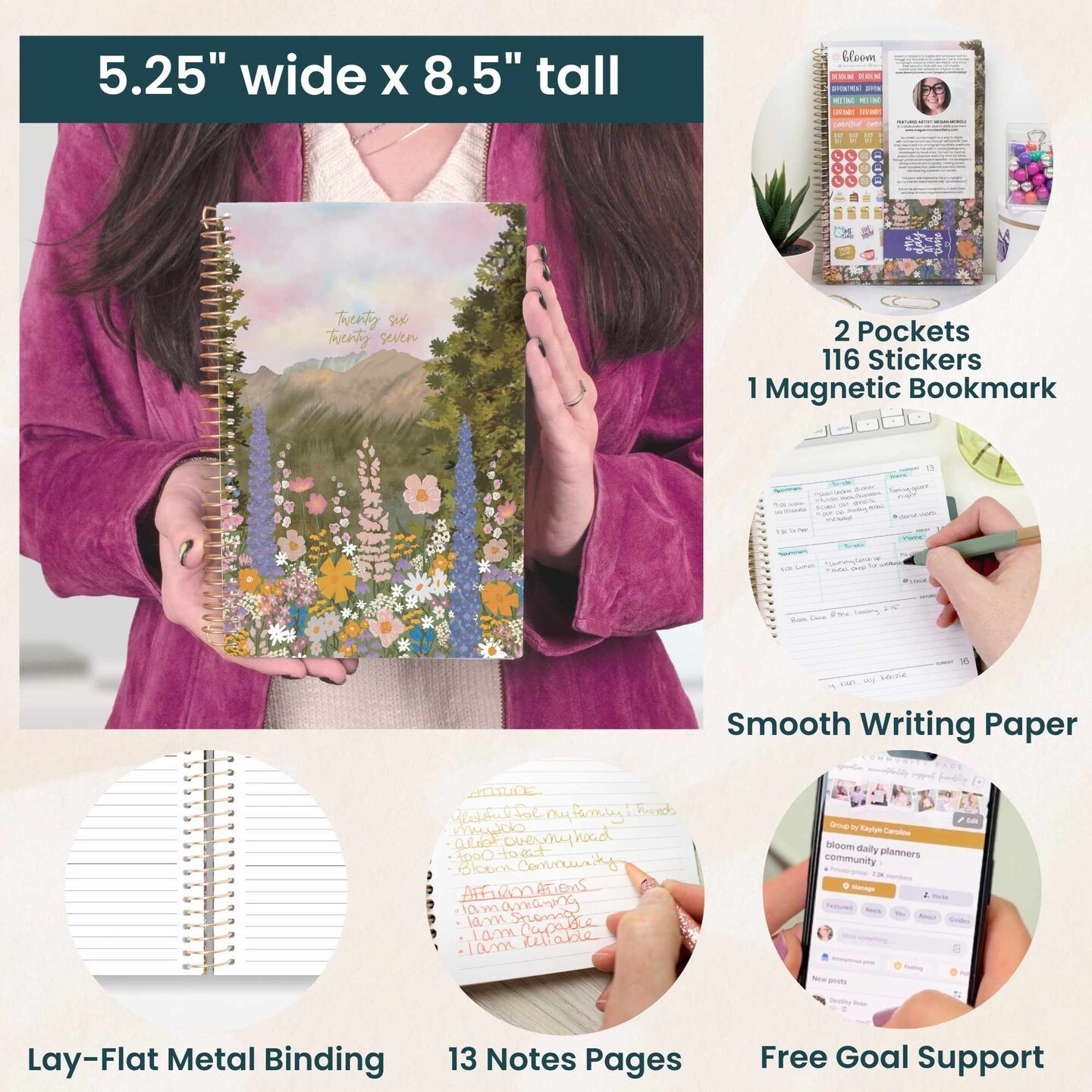 bloom daily planners 2026-2027 Academic Planner, 13 Month Soft Cover Monthly & Weekly, 5.5" x 8.25", Stickers Included, Wildflower Mountainside