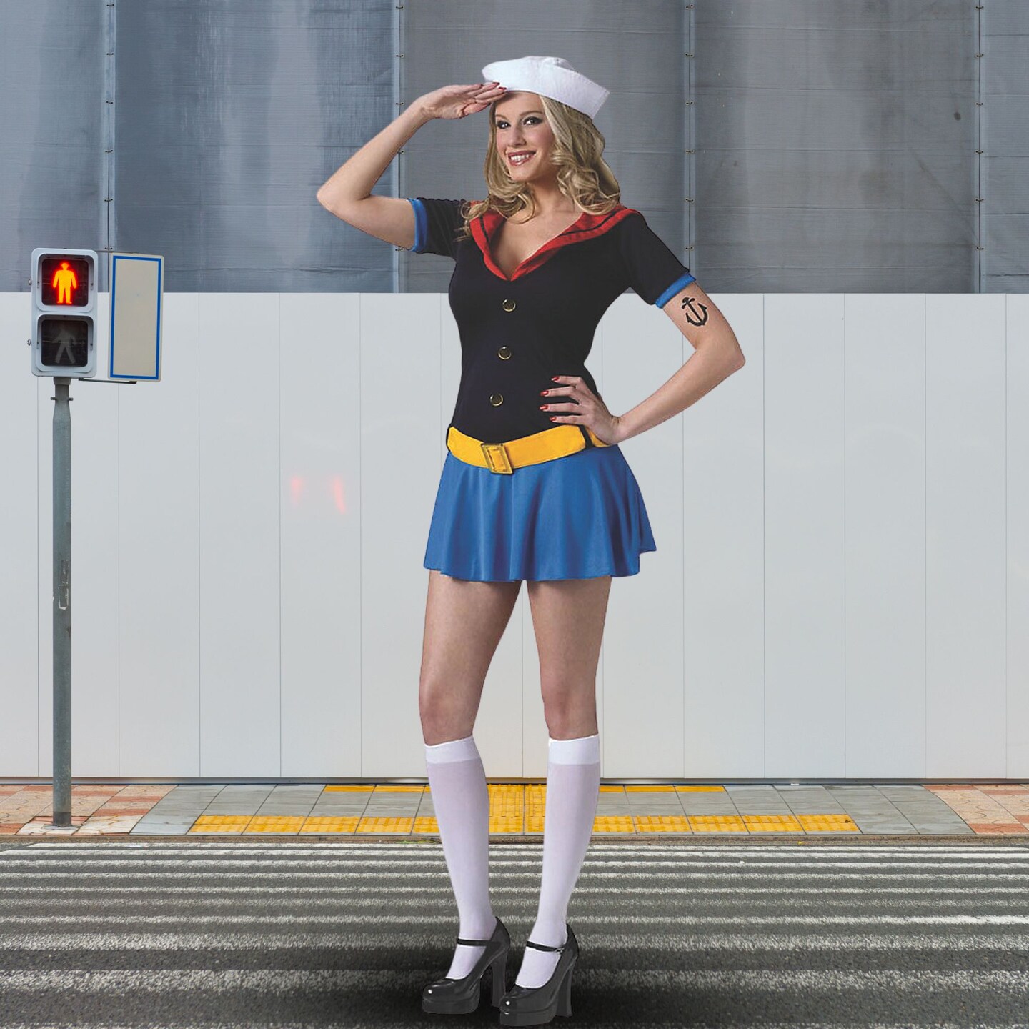 Women&#x27;s Popeye Costume Flirty Sailor Dress Belt Hat