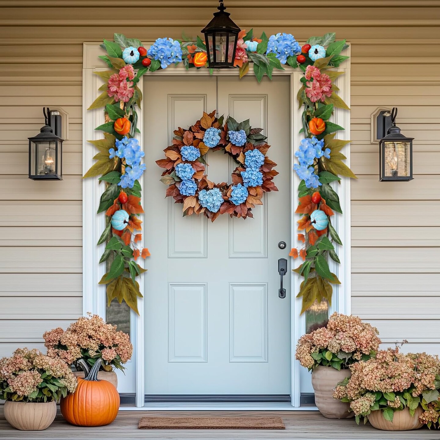 6ft Fall Hydrangea Garland with Blue Pumpkins &#x2013; Autumn Artificial Floral Pumpkin(11.26 x 9.69 x 4.69 inches)
