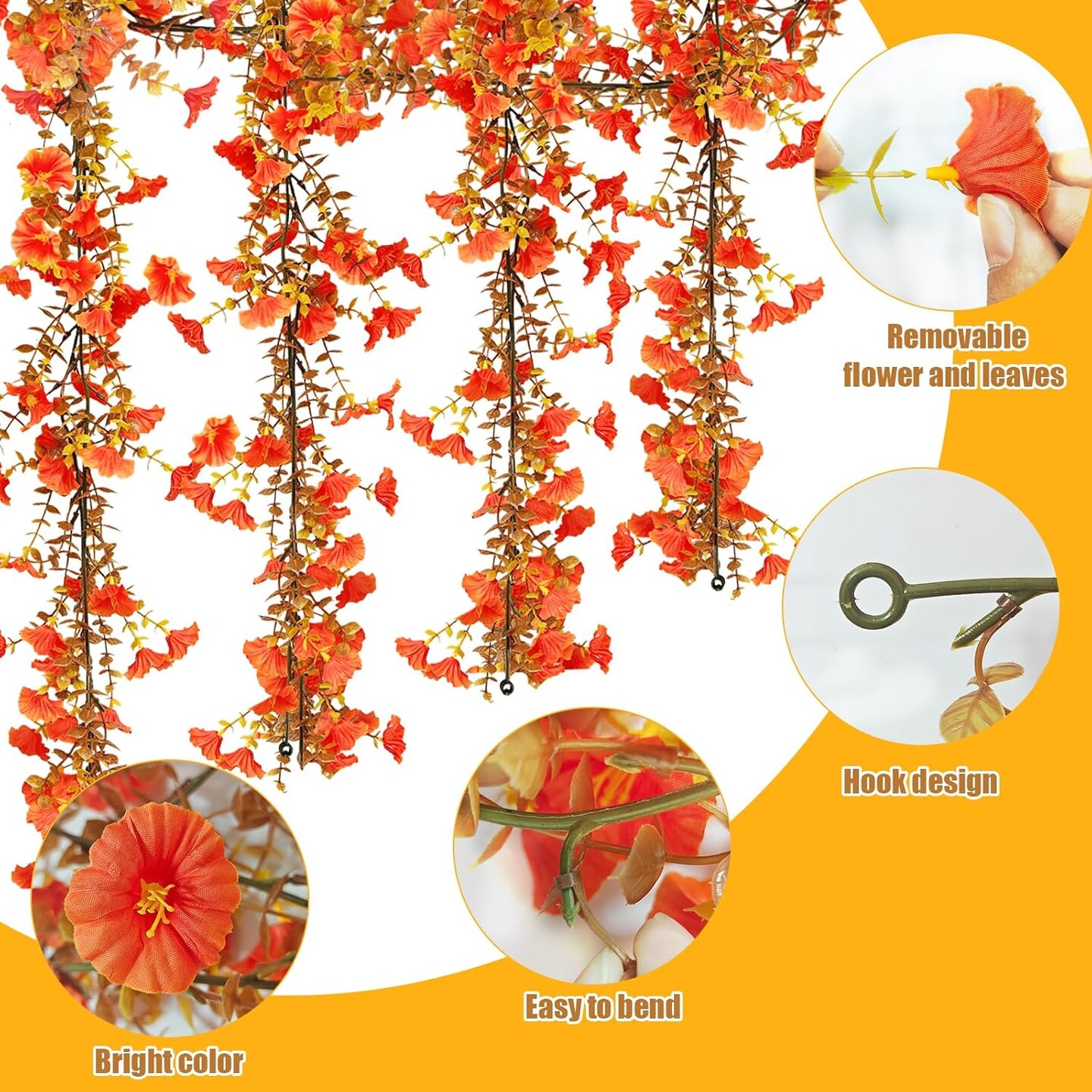 2 Pack Fall Artificial Flowers Garland, 6 FT Faux Morning Glory Fall Floral Vine(Orange)1 x 1 x 72 inches