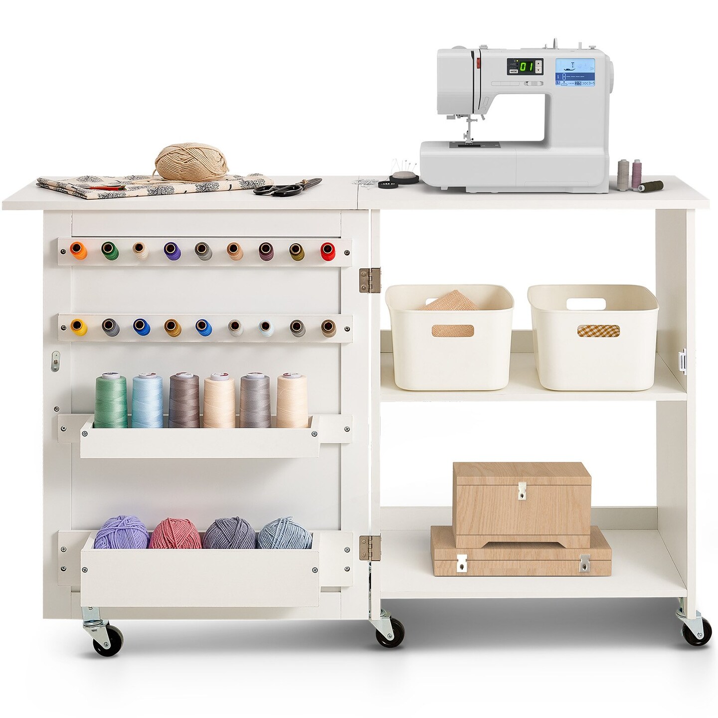 Folding Sewing Desk with Storage Trays 46 Inch Work Surface Natural Wood